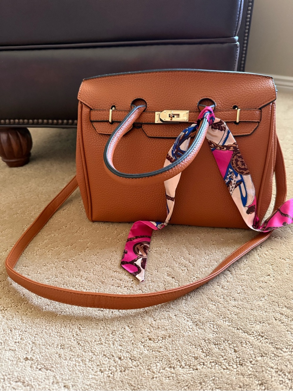 “Furkin” Burlington knock off—Classic Leather Top-Handle Satchel with Pink Scarf